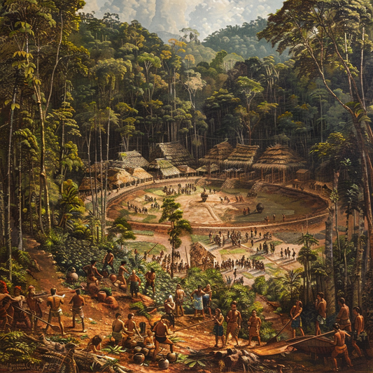 An artistic portrayal of the ancient Marajoara civilization, showcasing their thatched dwellings and communal life amid the dense Amazonian forest on Marajó Island.