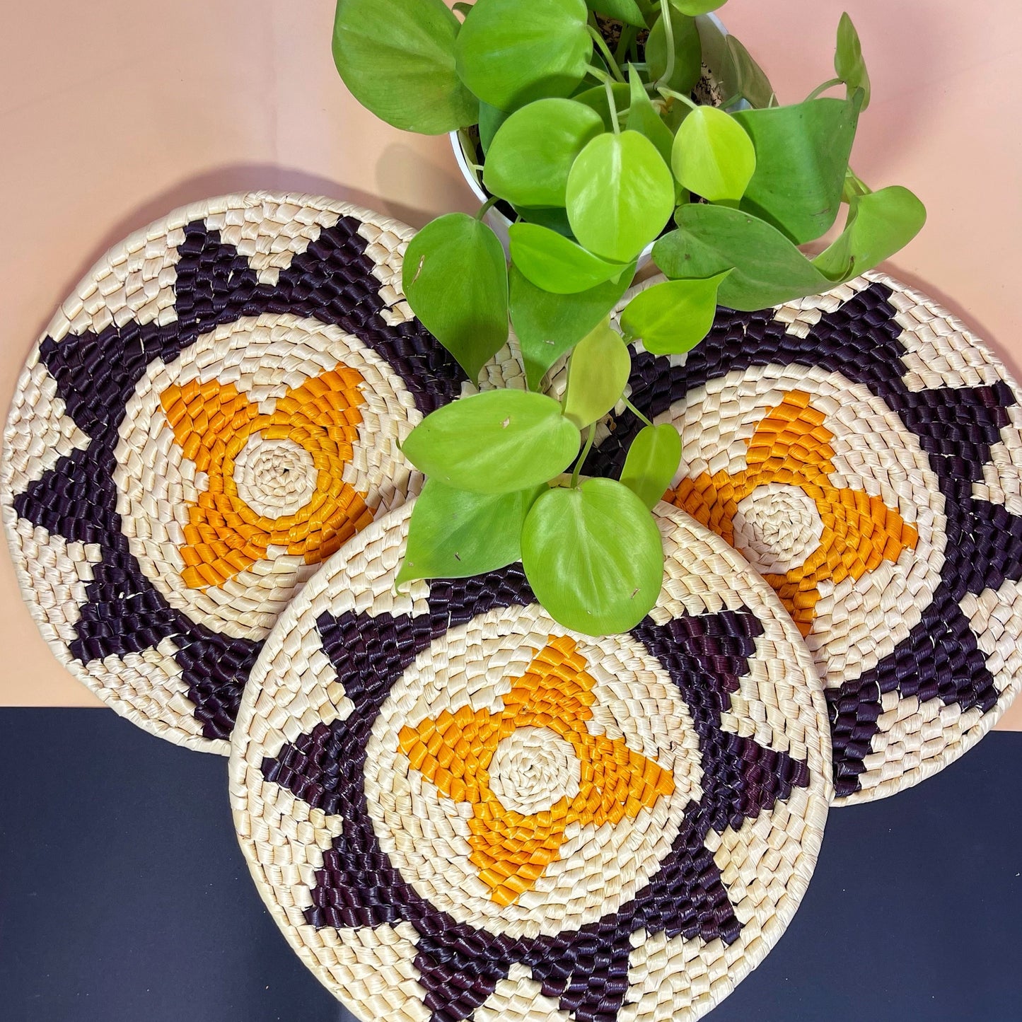 Trio of round woven trivets with cream, orange, and dark purple geometric designs, displayed with green foliage on a two-tone background.