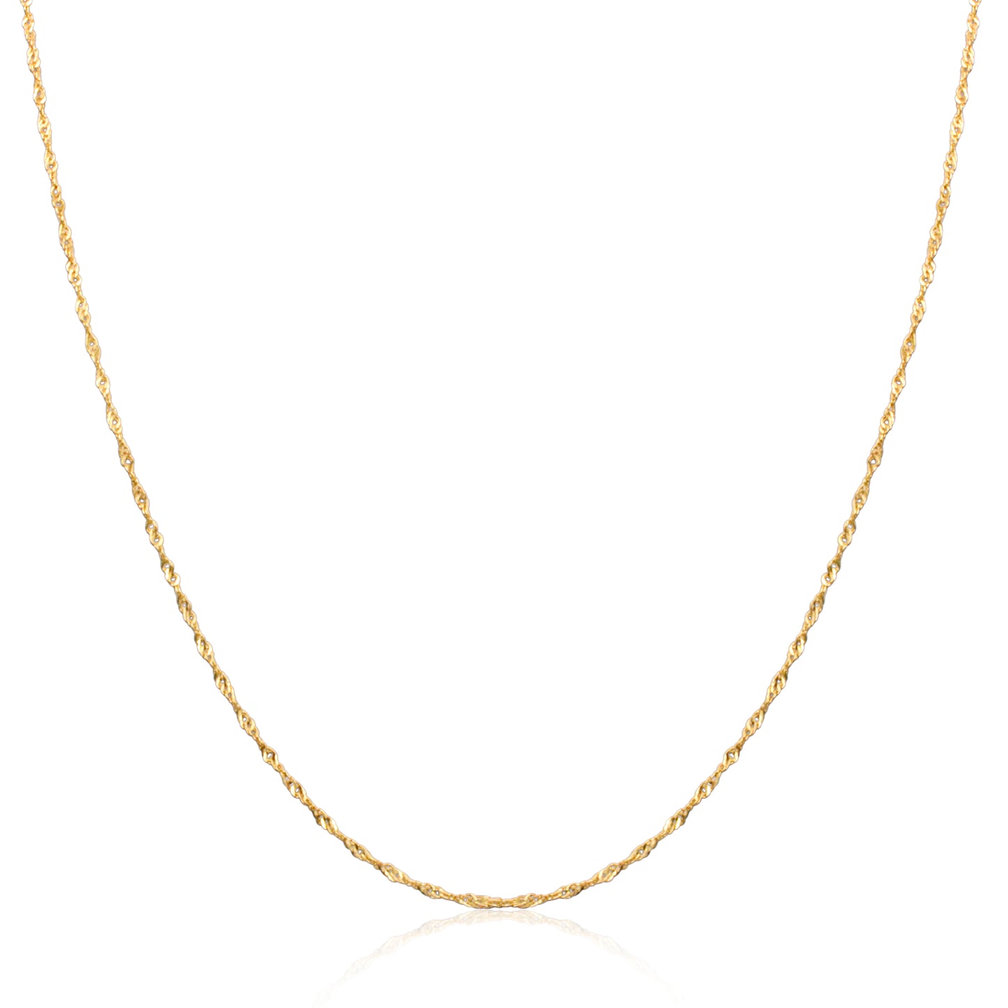 The necklace is made of 18k gold and showcases a delicate twisted rope design, which reflects light for an elegant shimmer.