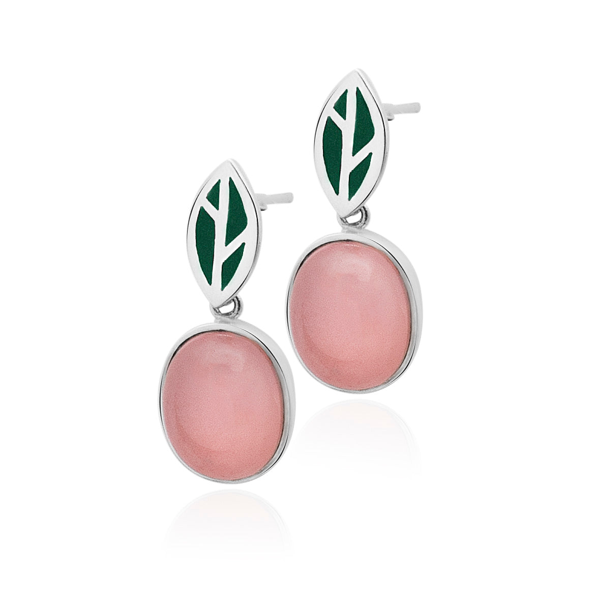 Silver earrings with a green leaf motifs and pink quartz-like stones.