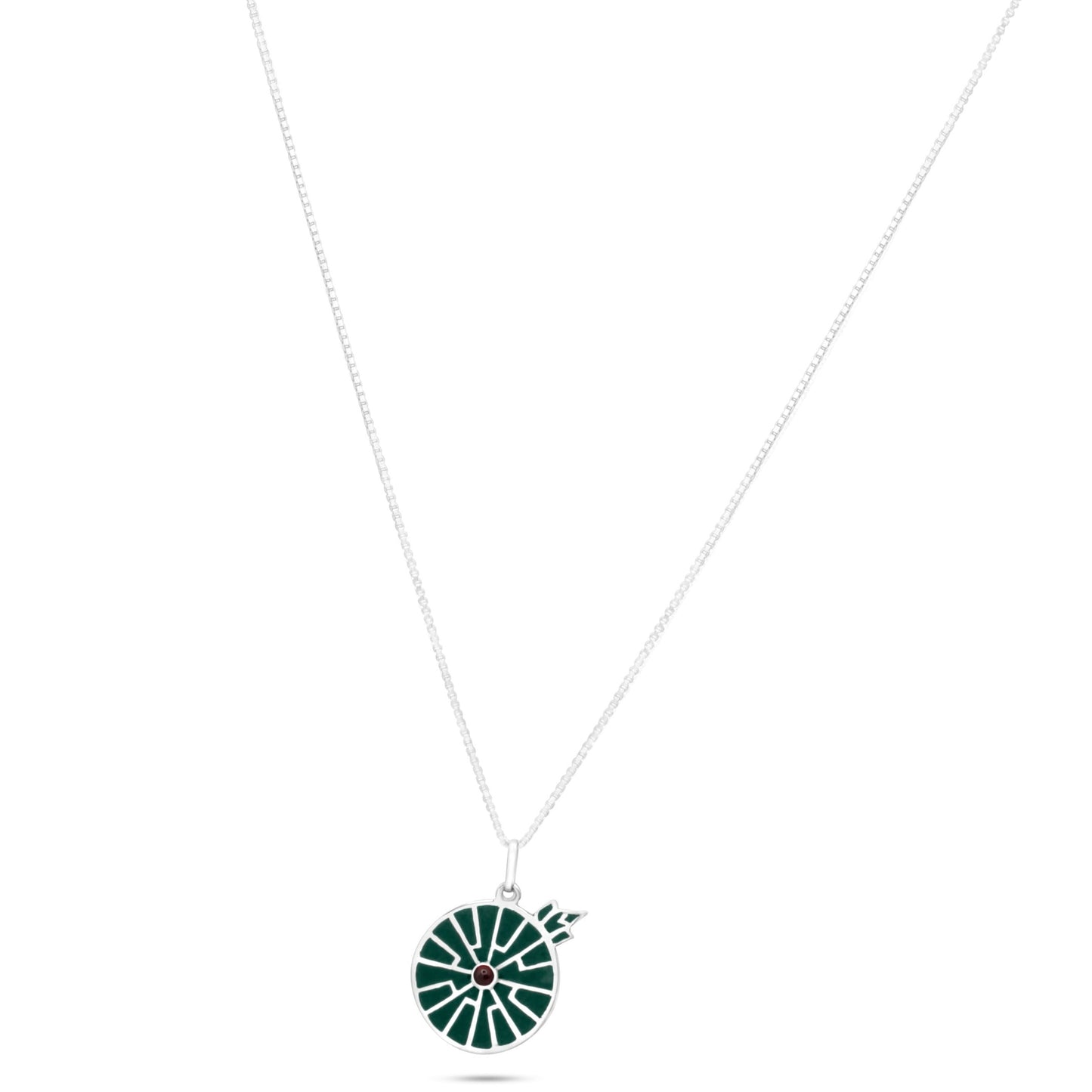 925 sterling silver necklace with a green inlay pendant. The pendant is shaped like a Victoria Amazonica water lily and features a central garnet gemstone.