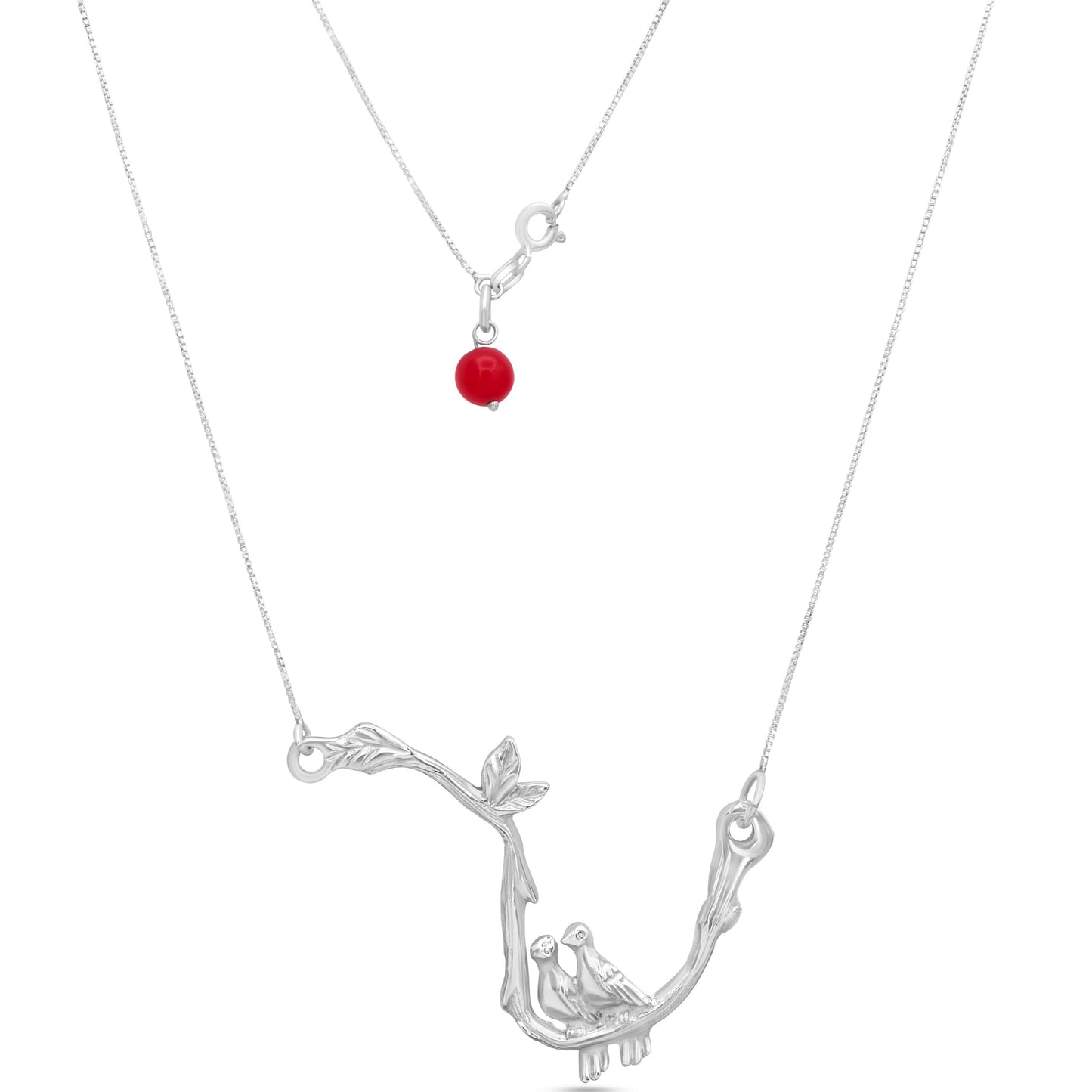 Handmade sterling silver necklace features two intertwined doves in a polished finish. A single, teardrop-shaped red agate gemstone dangles beneath them.