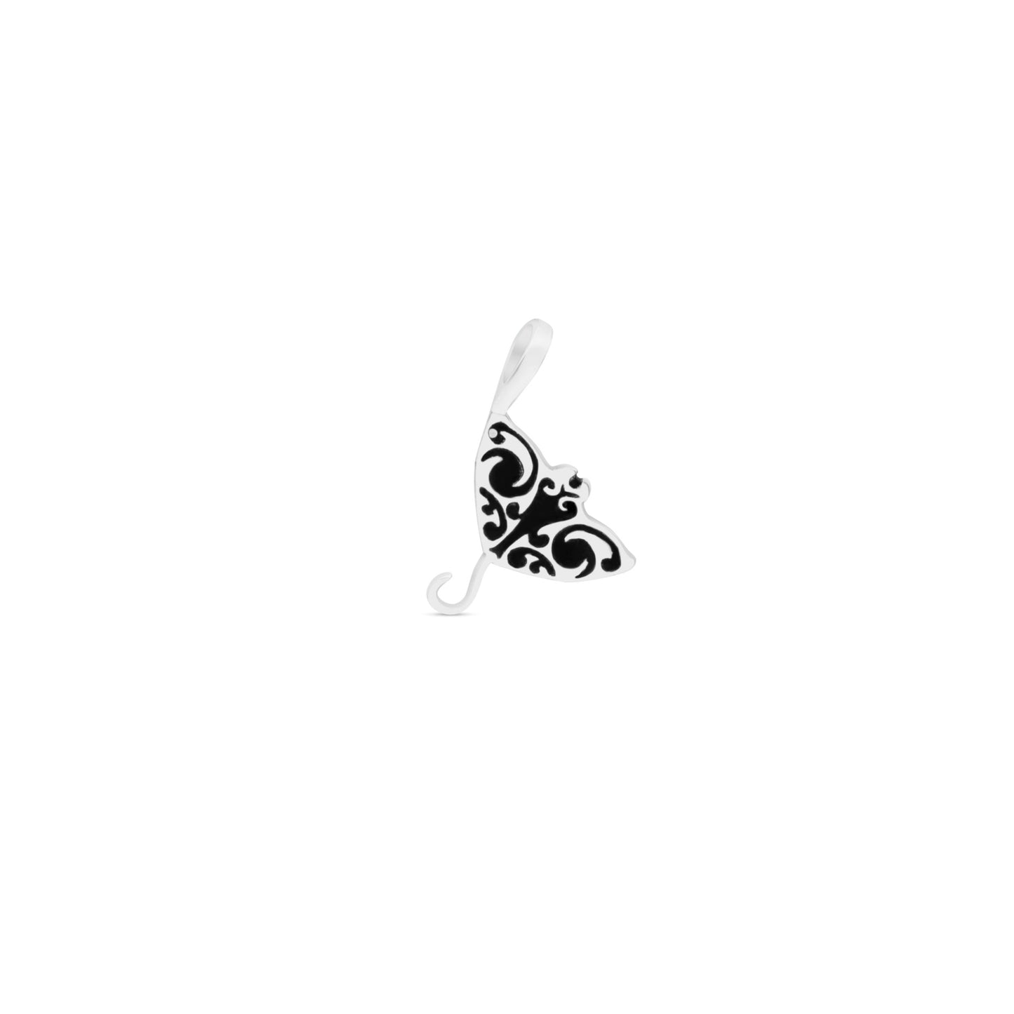 Sterling silver necklace with a manta ray pendant. The pendant features a unique inlay design, possibly made with recycled mineral powder and resin.