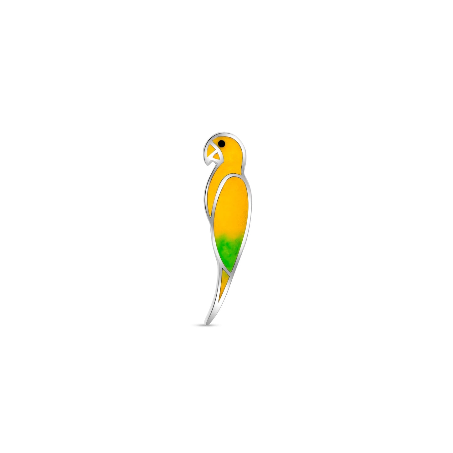 silver pendant featuring a Juba Macaw pendant. The pendant is crafted with yellow and green mineral inlay, depicting the bird's colorful feathers.