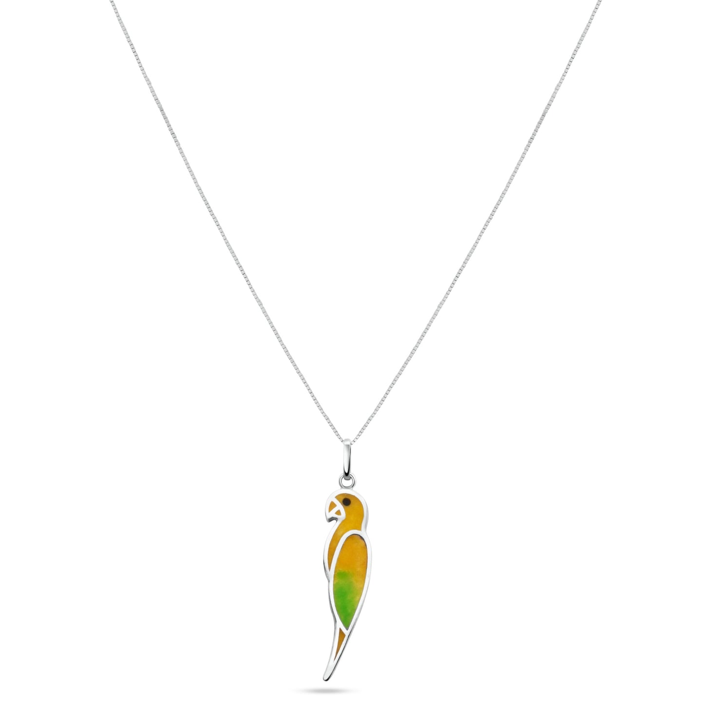 This necklace features a sterling silver pendant, shaped like a juba macaw with a vibrant inlay transitioning from yellow to green, symbolizing the bird's plumage, using eco-friendly materials.