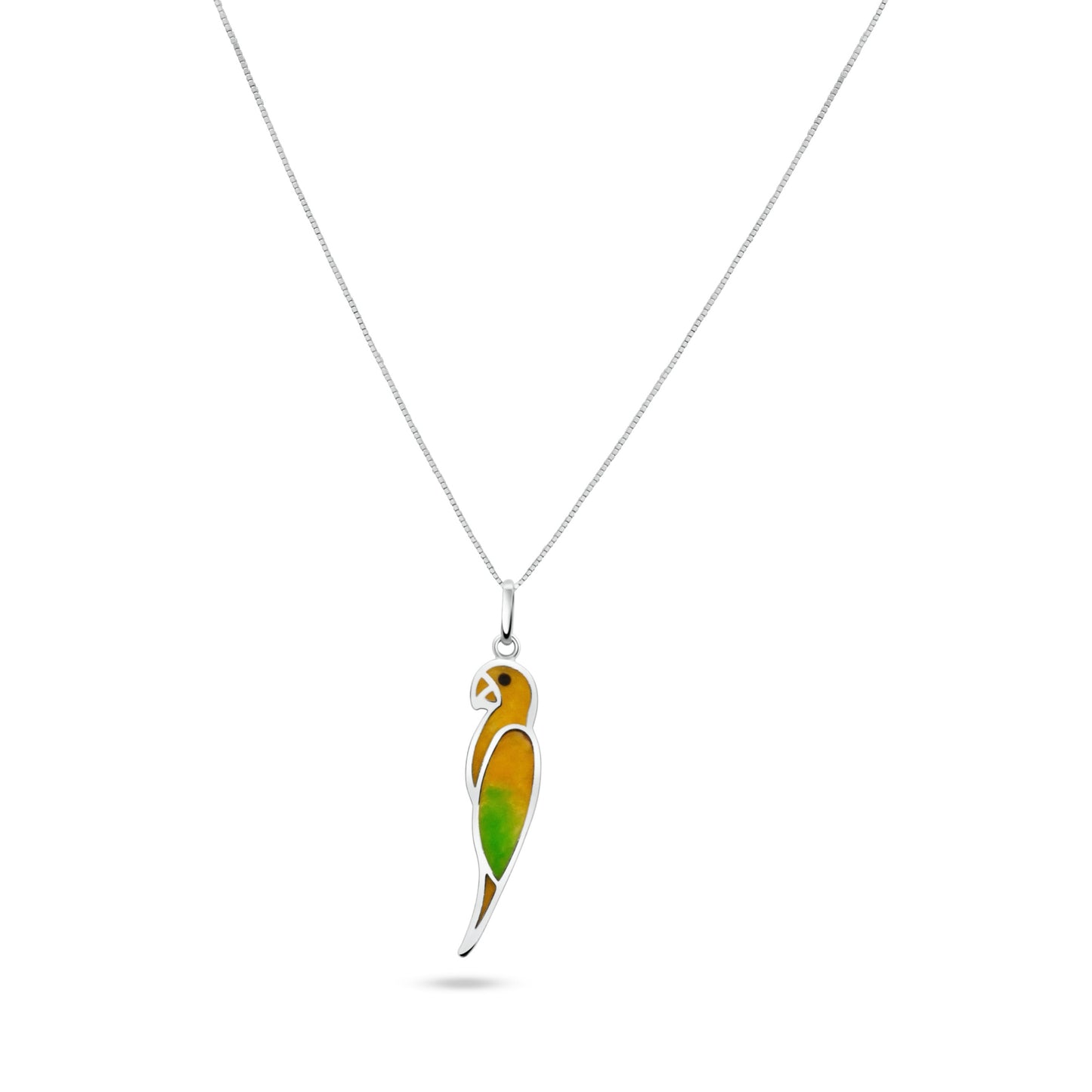 silver necklace with a Juba Macaw pendant. Yellow and green inlay details achieved with a local mineral powder and resin technique.