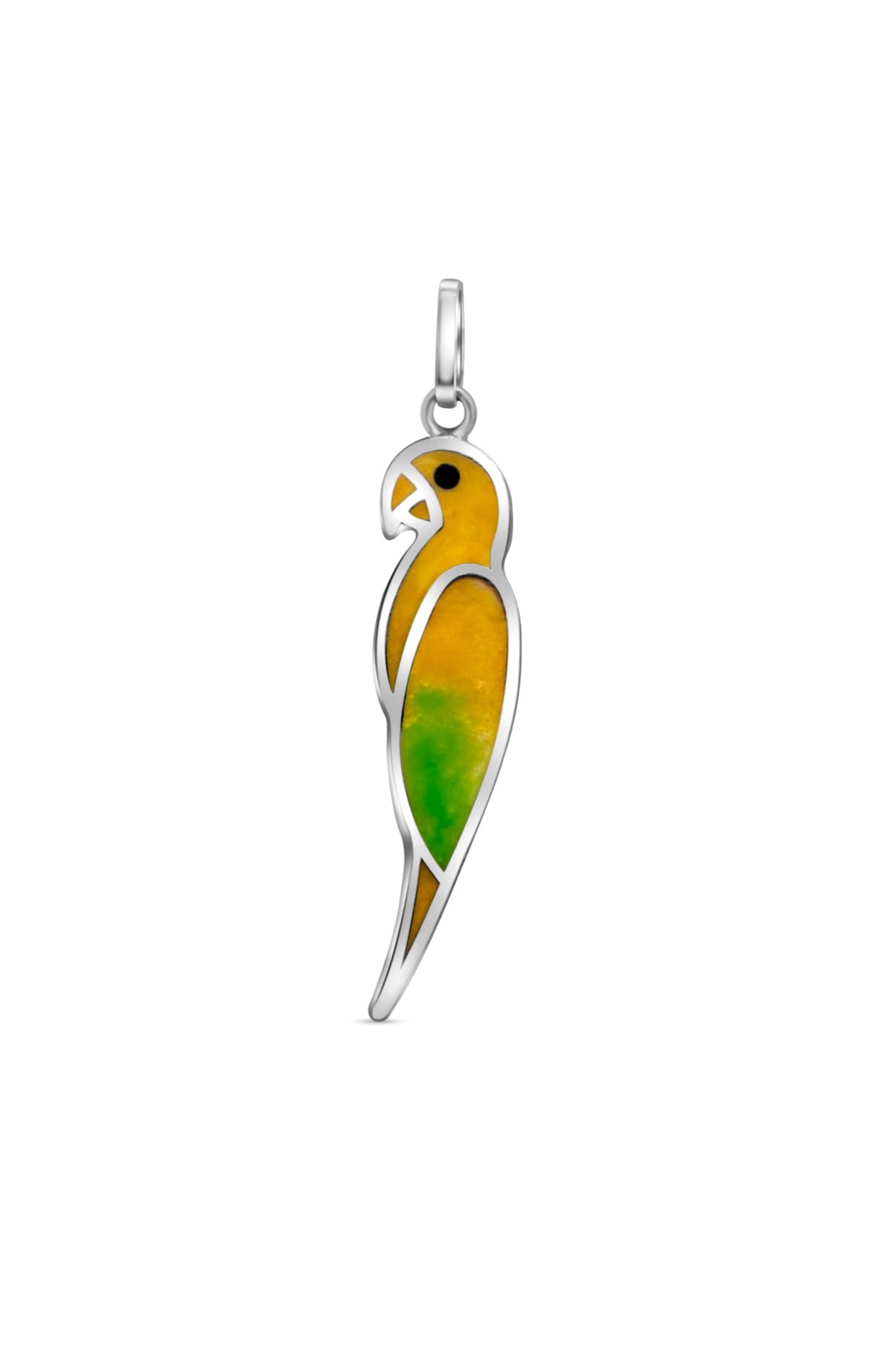 The pendant is shaped like a juba macaw, handmade from sterling silver with an eco-friendly inlay. It blends green and yellow hues, representing the macaw's feathers with recycled mineral powder and resin.