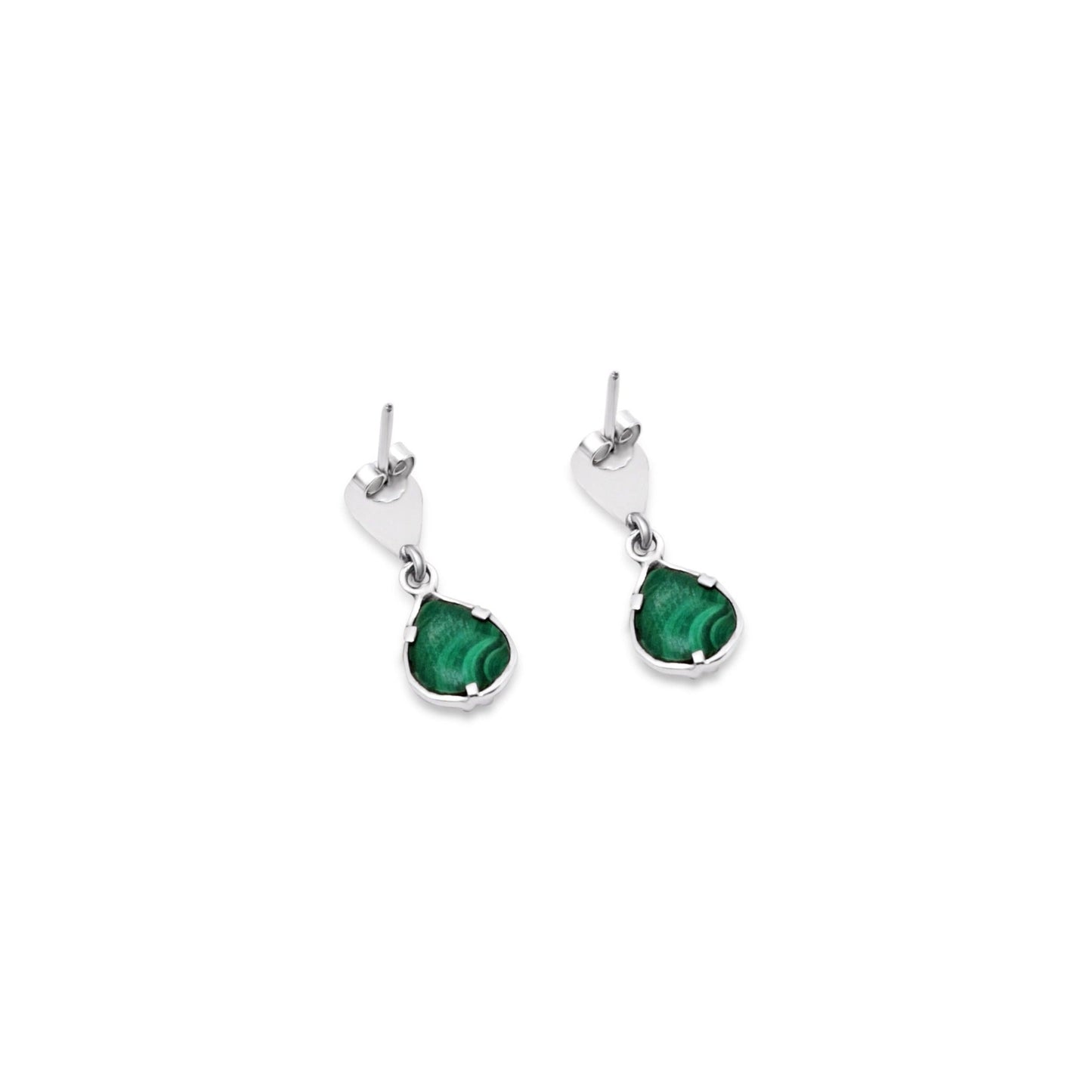 Chic .950 sterling silver earrings with a teardrop malachite stone, symbolizing a muiraquita, against a minimalist backdrop