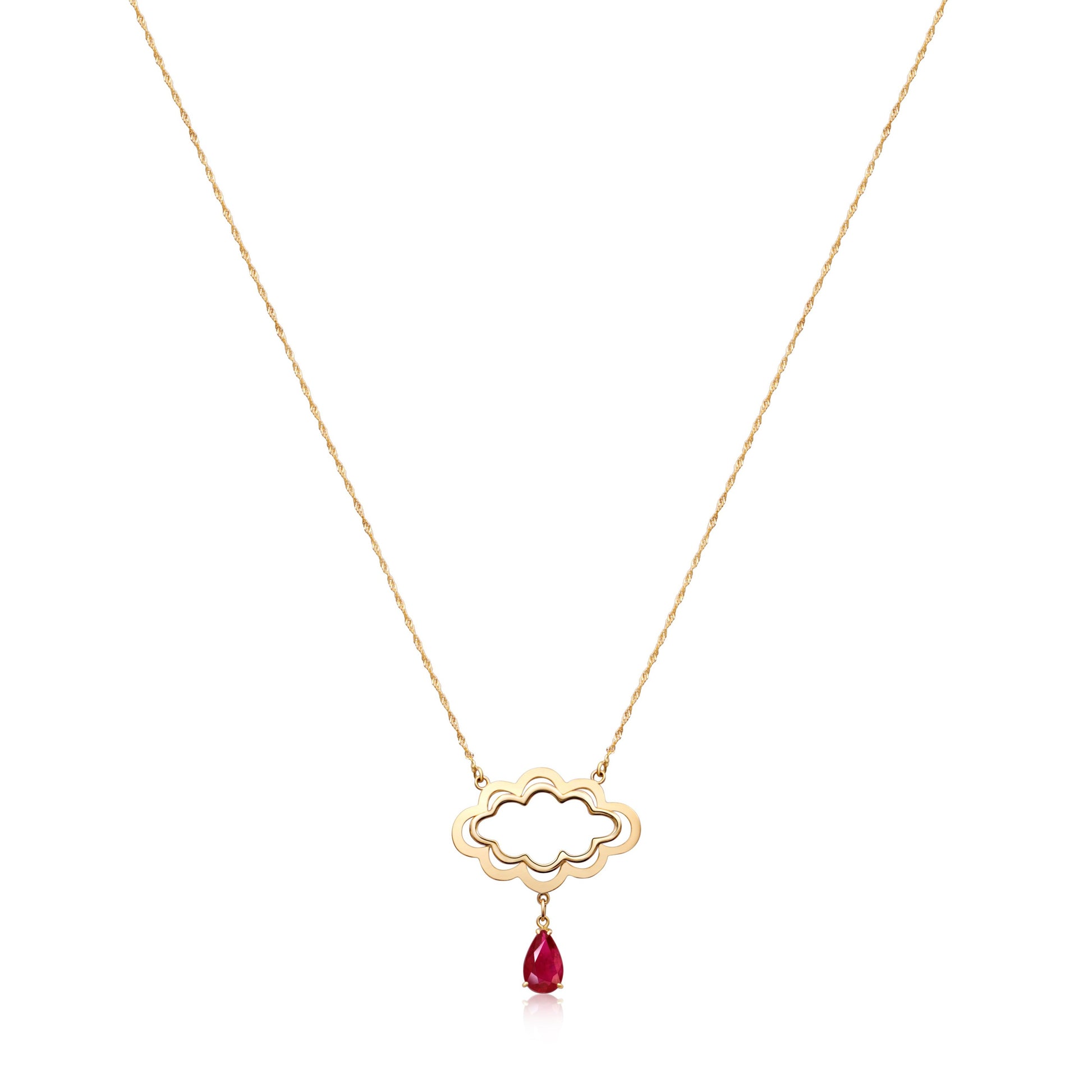 An 18k gold necklace with a cloud-shaped pendant and a dangling red garnet, symbolizing a raindrop, embodying elegance and the essence of rain.