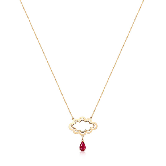 An 18k gold necklace with a cloud-shaped pendant and a dangling red garnet, symbolizing a raindrop, embodying elegance and the essence of rain.