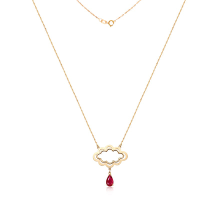 Elegant 18k gold necklace with a cloud-shaped pendant. Red garnet raindrop symbolizes the essence of nature.