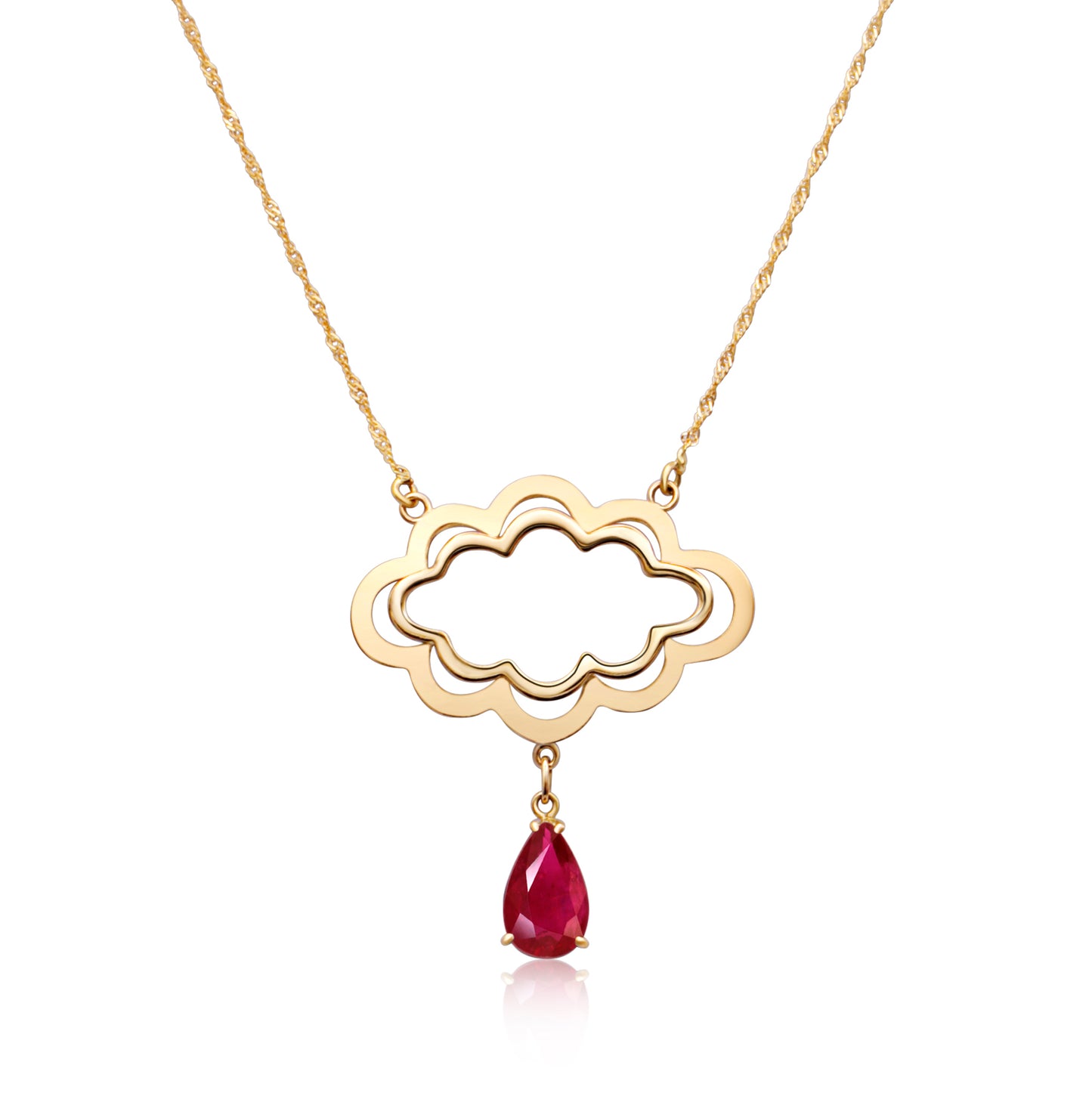 Close-up image of an 18k gold necklace. The necklace features a cloud-shaped pendant with a pear-cut red garnet droplet, radiating luxury and capturing the poetic image of rain