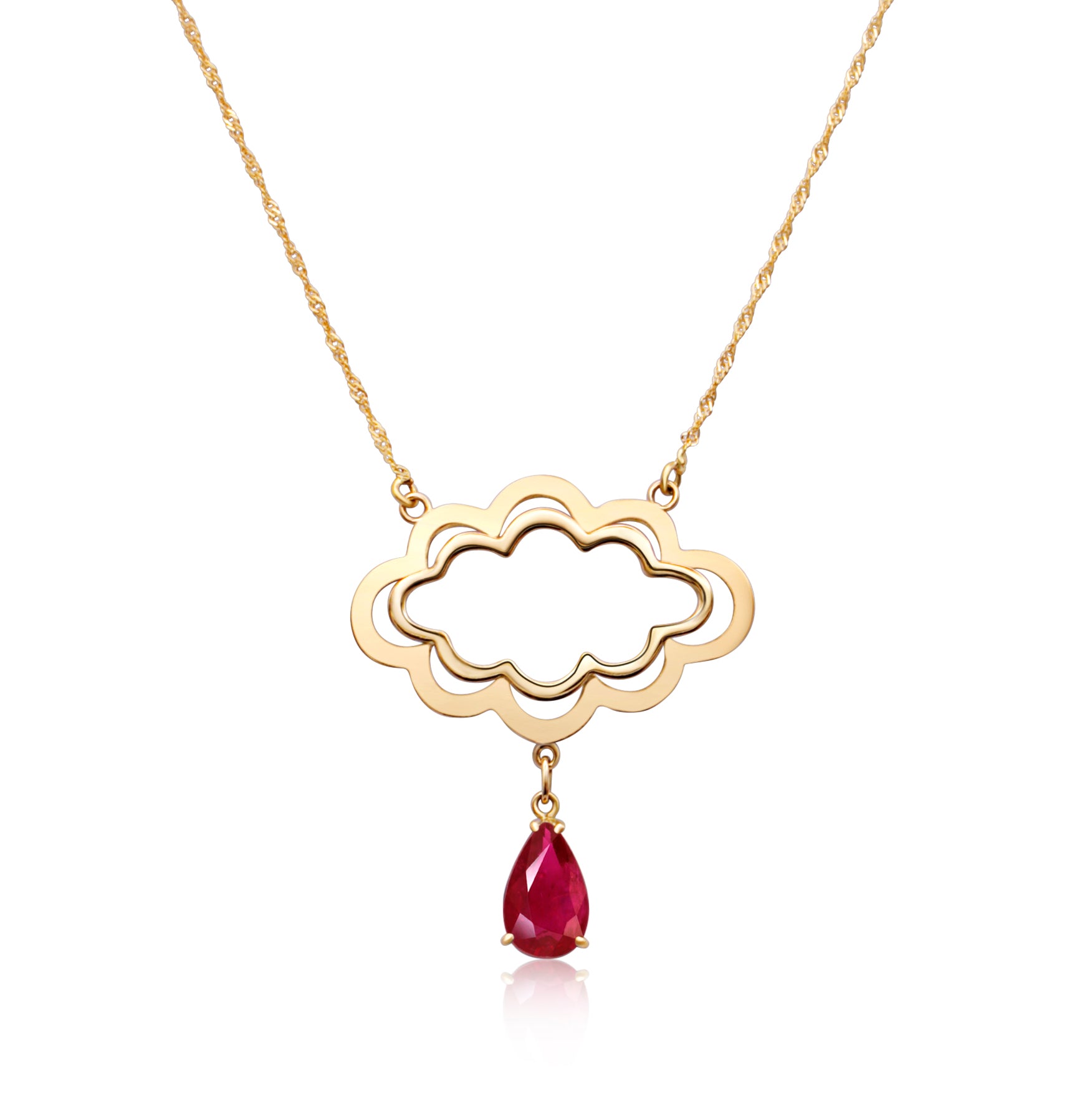 Close-up image of an 18k gold necklace. The necklace features a cloud-shaped pendant with a pear-cut red garnet droplet, radiating luxury and capturing the poetic image of rain