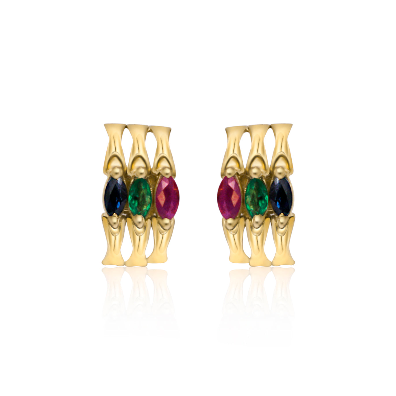 Gold Trio Earrings from Brazil, showcasing vibrant ruby, emerald, and sapphire stones, embodying passion, growth, and protection.