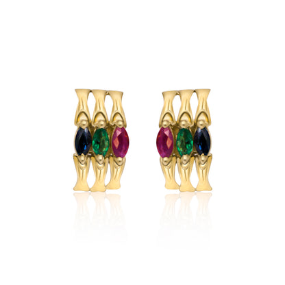 Gold Trio Earrings from Brazil, showcasing vibrant ruby, emerald, and sapphire stones, embodying passion, growth, and protection.