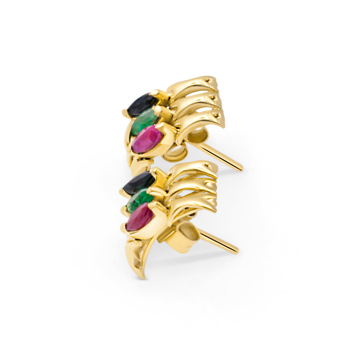 Luxurious gold earrings set with a ruby, emerald, and sapphire, designed in Brazil to symbolize love, vitality, and wisdom.