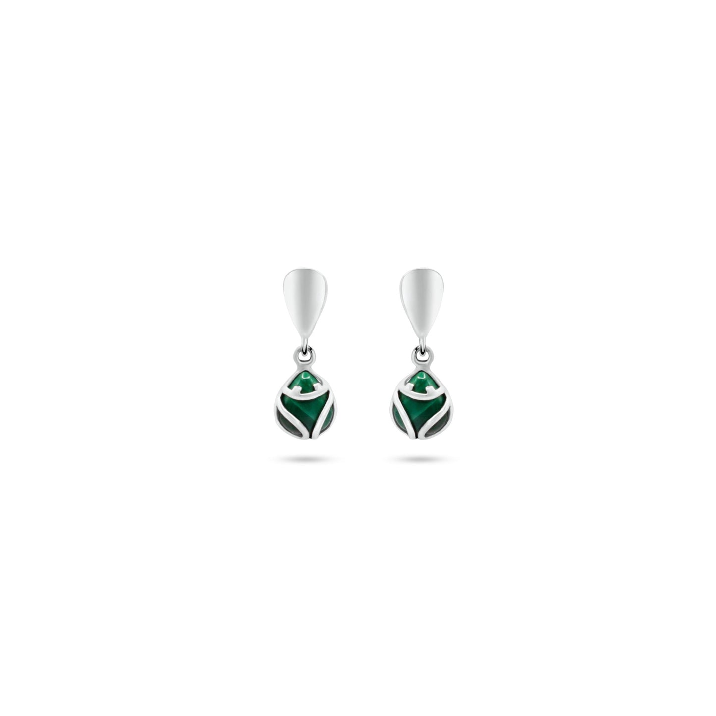 Elegant .950 sterling silver earrings featuring muiraquita designs with rich green malachite inlays, combining traditional allure with modern style