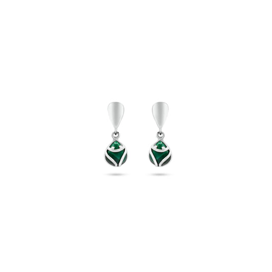 Elegant .950 sterling silver earrings featuring muiraquita designs with rich green malachite inlays, combining traditional allure with modern style