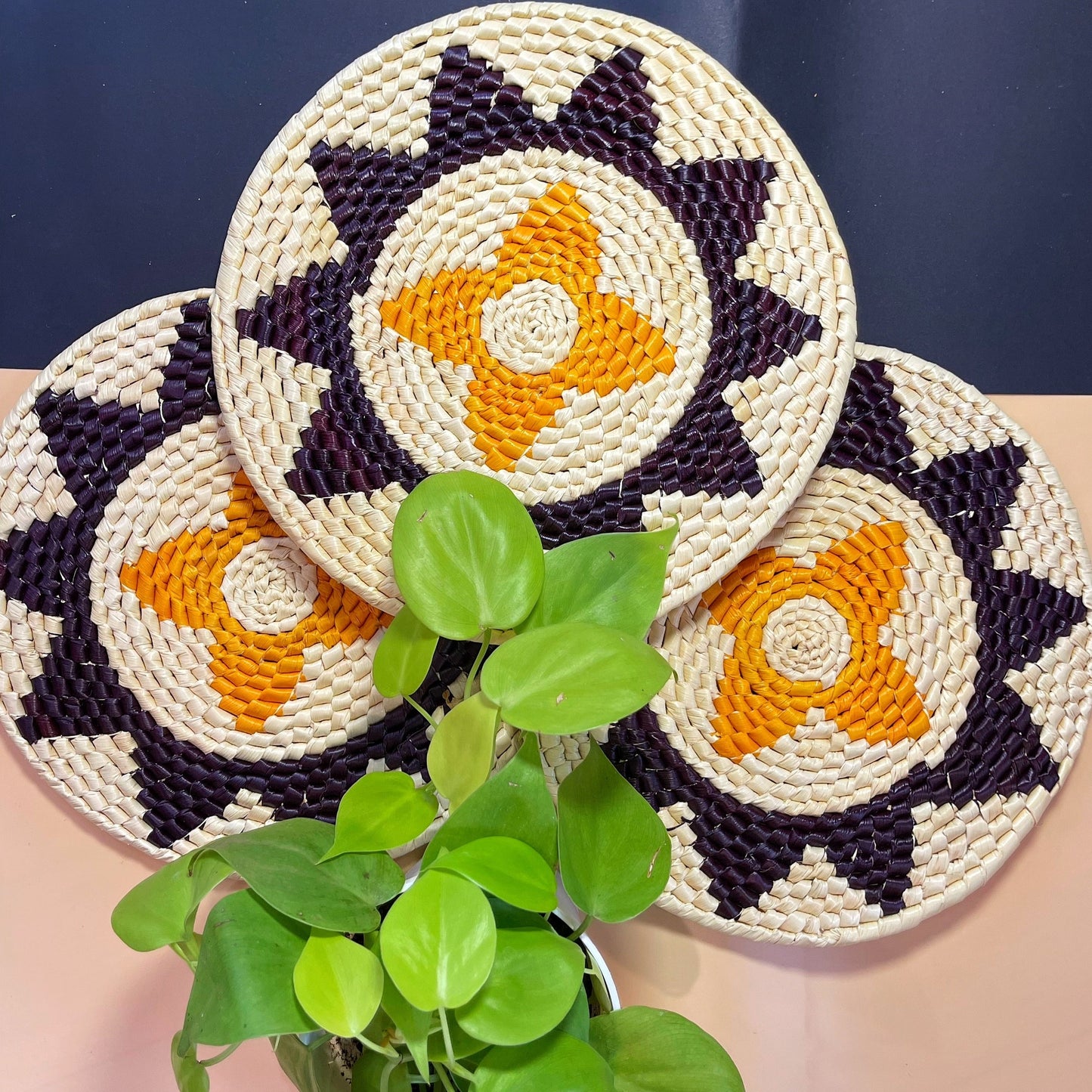 Three artisanal trivets, woven from tucuma palm fibers, featuring concentric patterns in cream, orange, and deep purple. Green leaves drape over one, against a two-tone peach and navy backdrop.