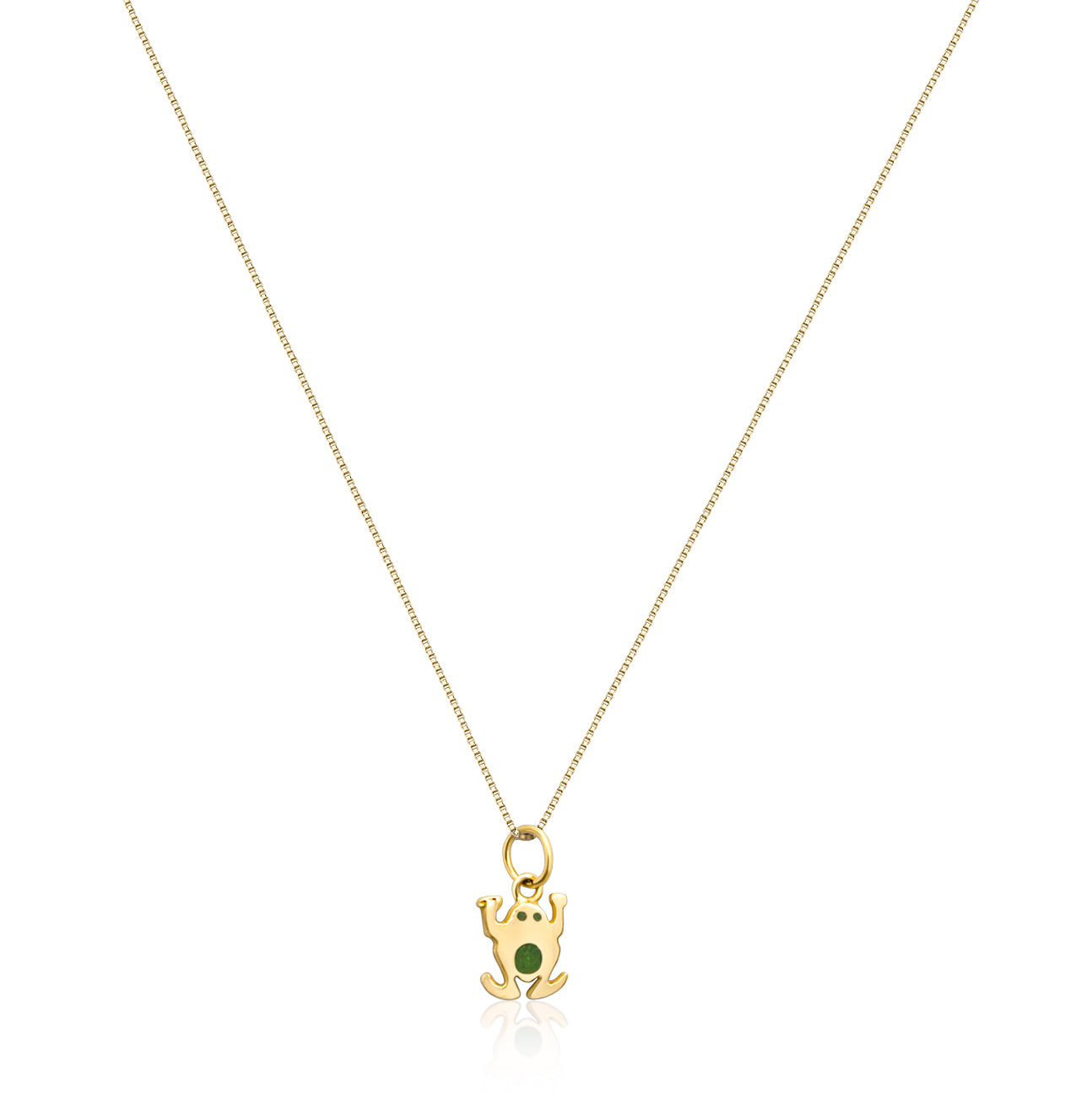 An 18k gold necklace with a playful frog-shaped pendant, featuring a green malachite powder inlay, hanging on a delicate chain.