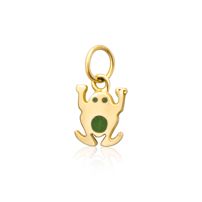 Delicate 18k gold pendant shaped like a frog with a green malachite belly, embodying a playful charm with a touch of luxury