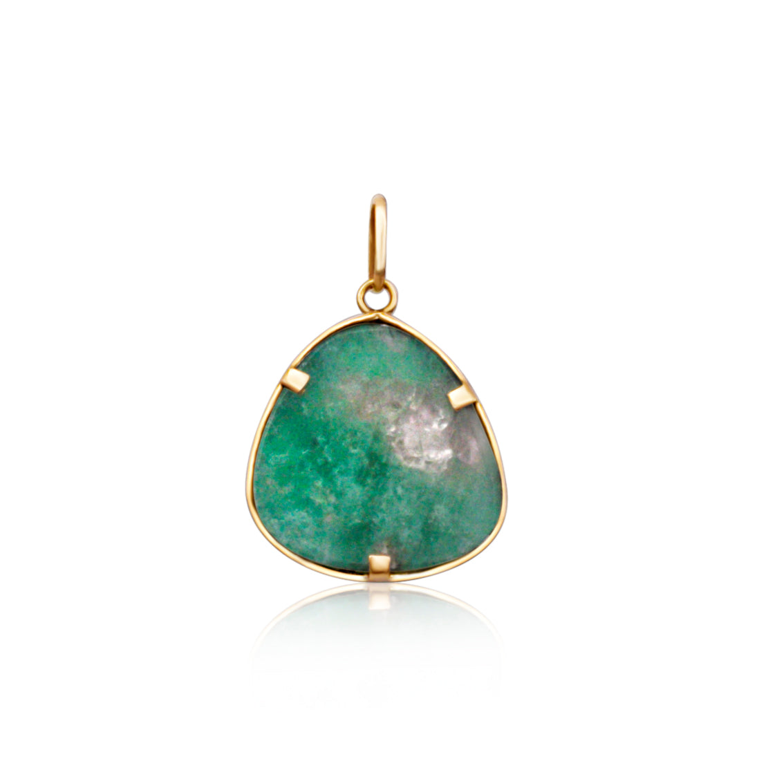 the back of a pendant shaped emerald embraced by 18k gold, designed to mimic a frog, in the style of a Muiraquitã amulet.