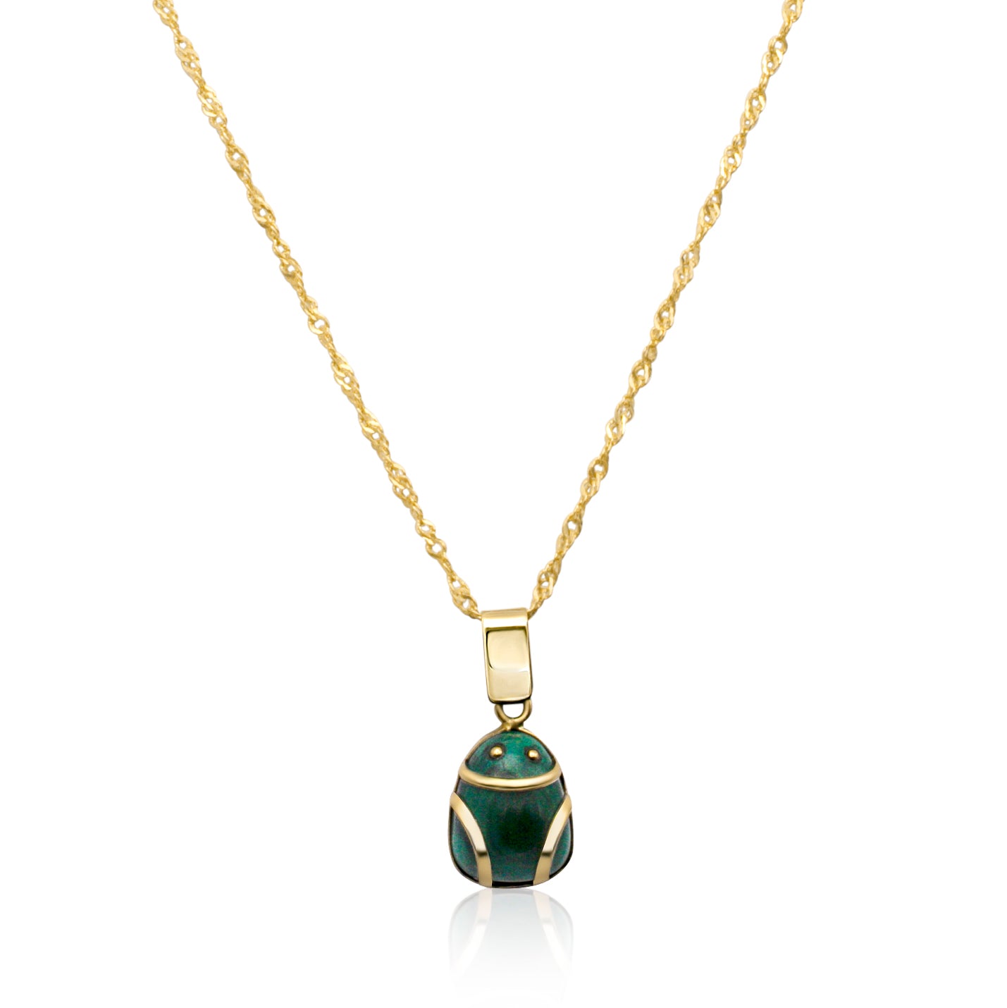 Luxurious 18k gold necklace with green malachite frog pendant. Timeless design on white background