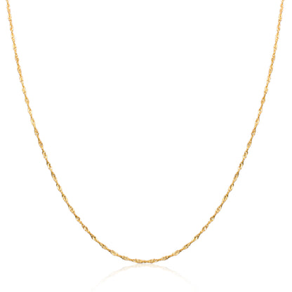 The necklace is made of 18k gold and showcases a delicate twisted rope design, which reflects light for an elegant shimmer.