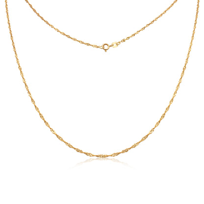 This is an 18k gold necklace with a twisted rope pattern, giving it a textured, light-catching appearance. It fastens with a spring ring clasp.