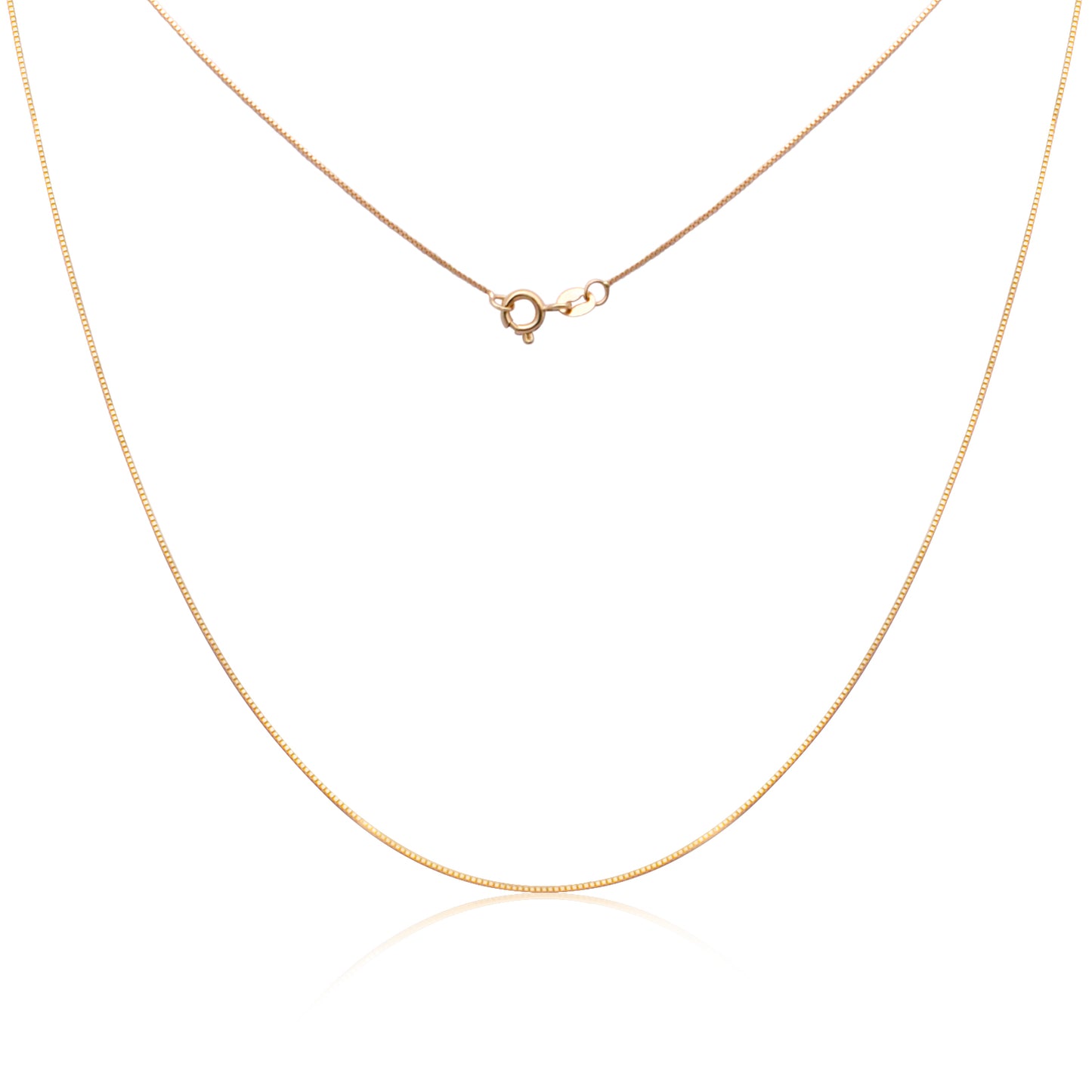 Delicate gold chain with a subtle gleam, featuring a spring ring clasp, laid against a pure white background reflecting its simple elegance.