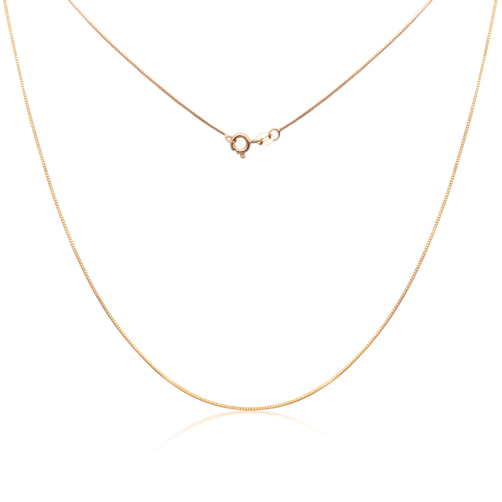 Delicate gold chain with a subtle gleam, featuring a spring ring clasp, laid against a pure white background reflecting its simple elegance.