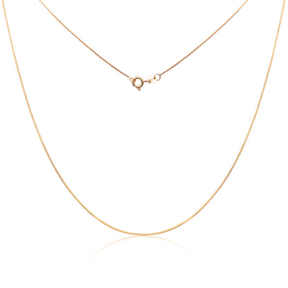 Delicate gold chain with a subtle gleam, featuring a spring ring clasp, laid against a pure white background reflecting its simple elegance.