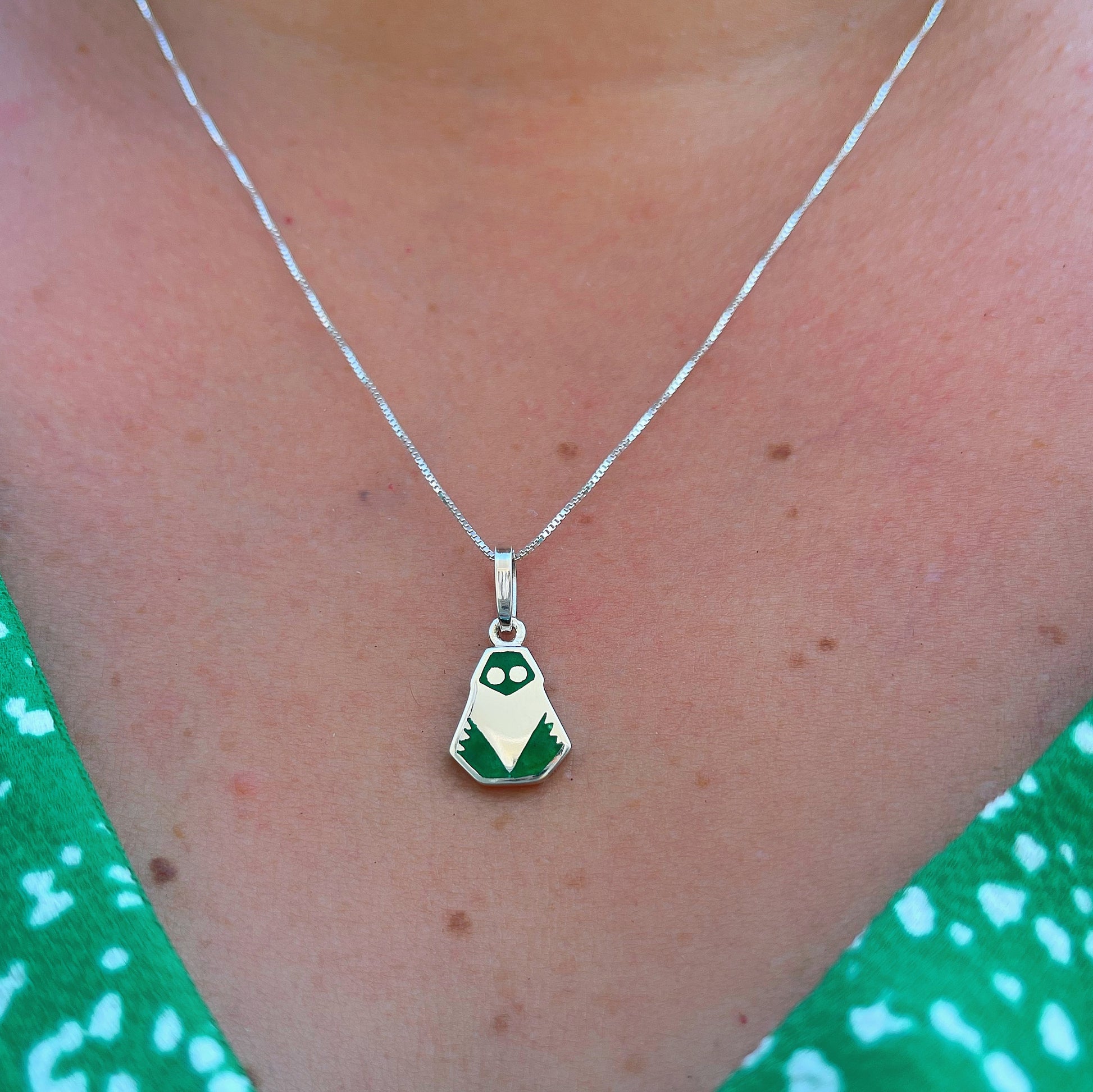 Silver necklace with a pendant shaped like a stylized frog, known as the 'River Spirit,' inspired by the muiraquitã. The pendant features a polished silver outline with a vibrant green inlay forming the body and darker green markings creating the pattern of a frog's eyes and legs.