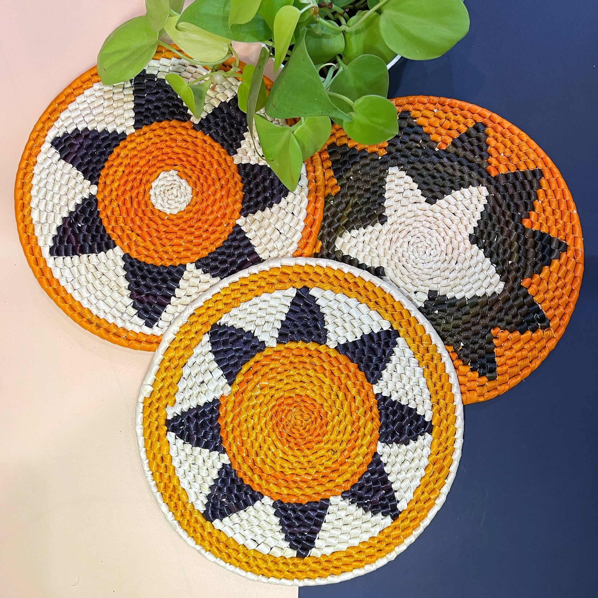 Three handcrafted trivets with orange, dark blue, black, and white geometric patterns lie beside a green plant on a dual-shaded background.