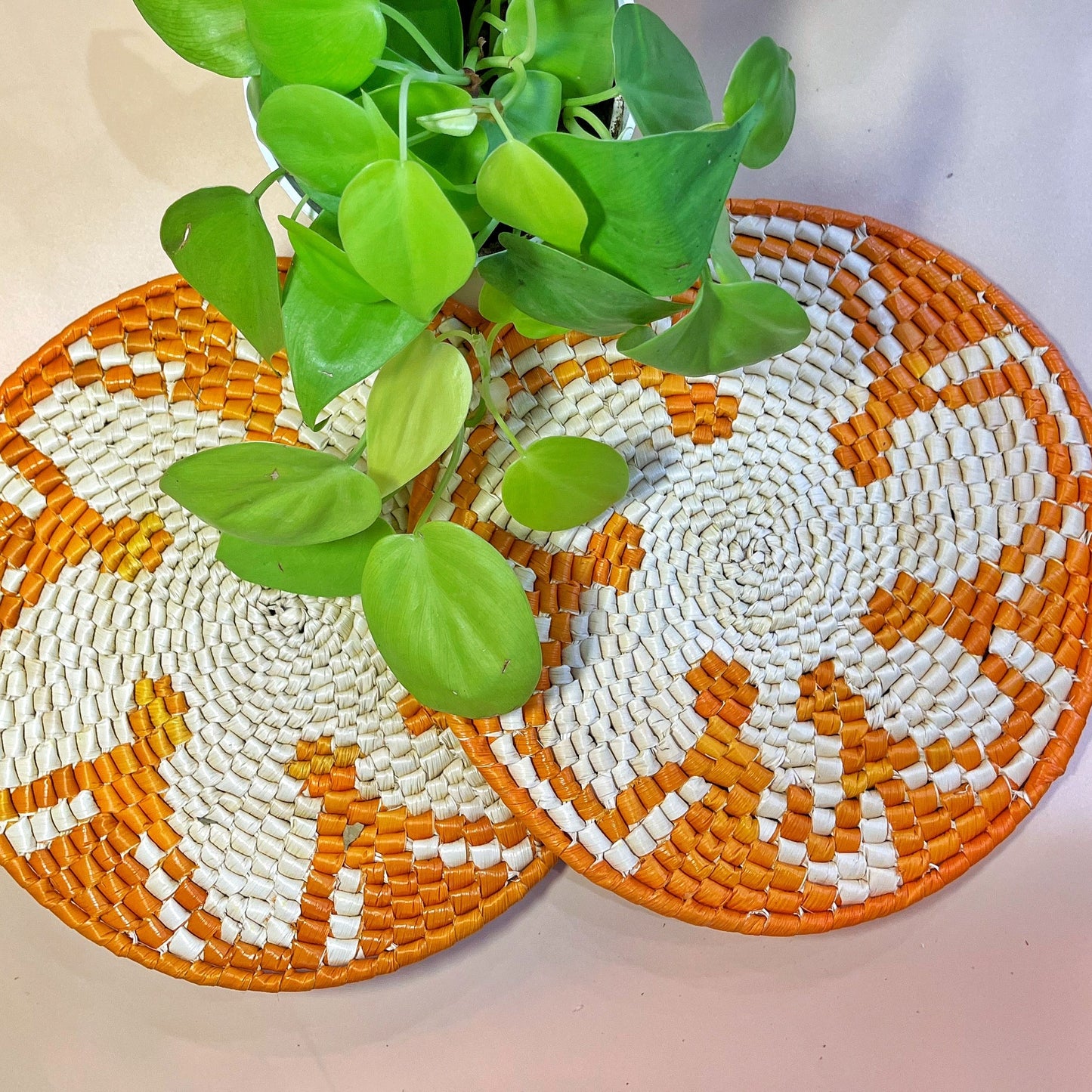 Two handwoven trivets feature a white base with an intricate geometric pattern in orange, alongside a green plant adding a natural element.