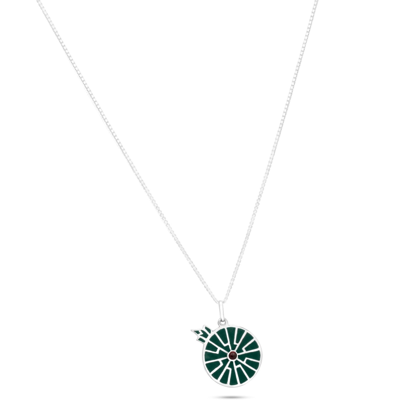 Silver necklace with a green inlay pendant. The pendant resembles the Victoria Amazonica water lily and features a central garnet gemstone.