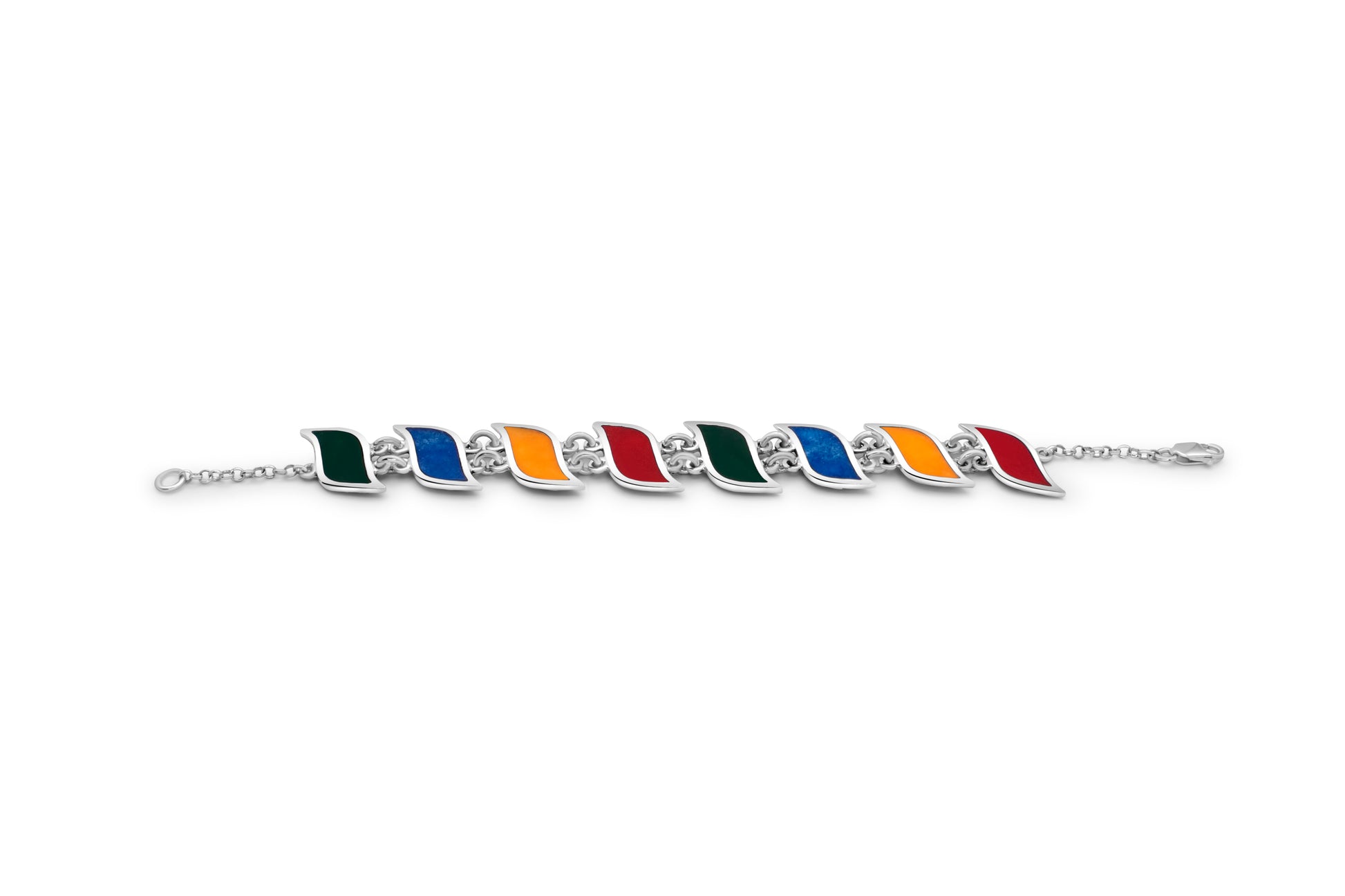 .950 sterling silver bracelet featuring multicolored inlays (green, blue, yellow, and red) celebrates the "Arraial da Pavulagem" festival in Belém, Brazil. Shown on a white background.