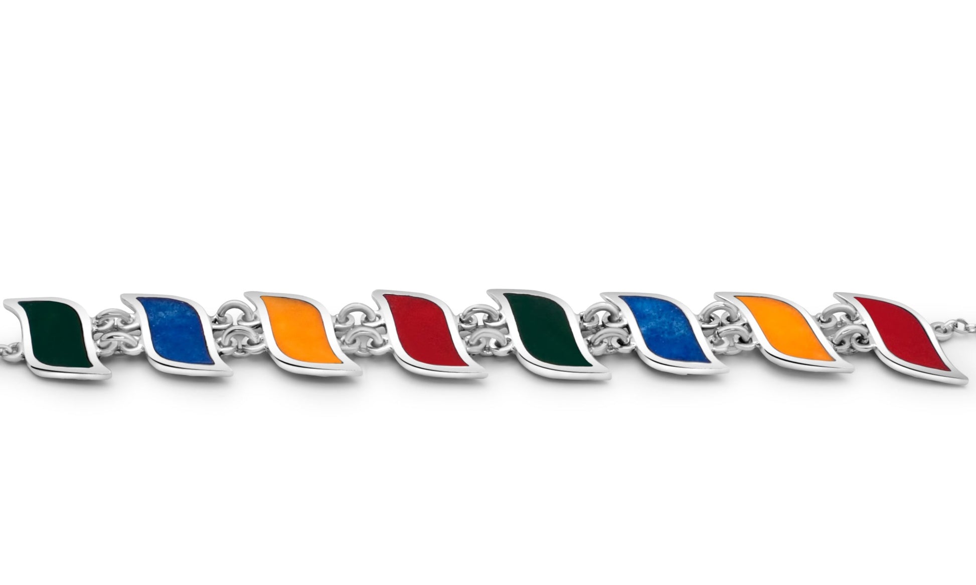 Close-up photo of a .950 sterling silver bracelet featuring linked green, blue, yellow, and red enamel motifs, creating a festive and artistic design.