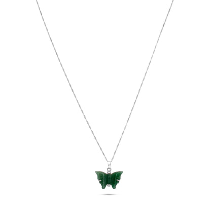 silver chain with a green quartz butterfly pendant, capturing the essence of transformation and natural beauty.