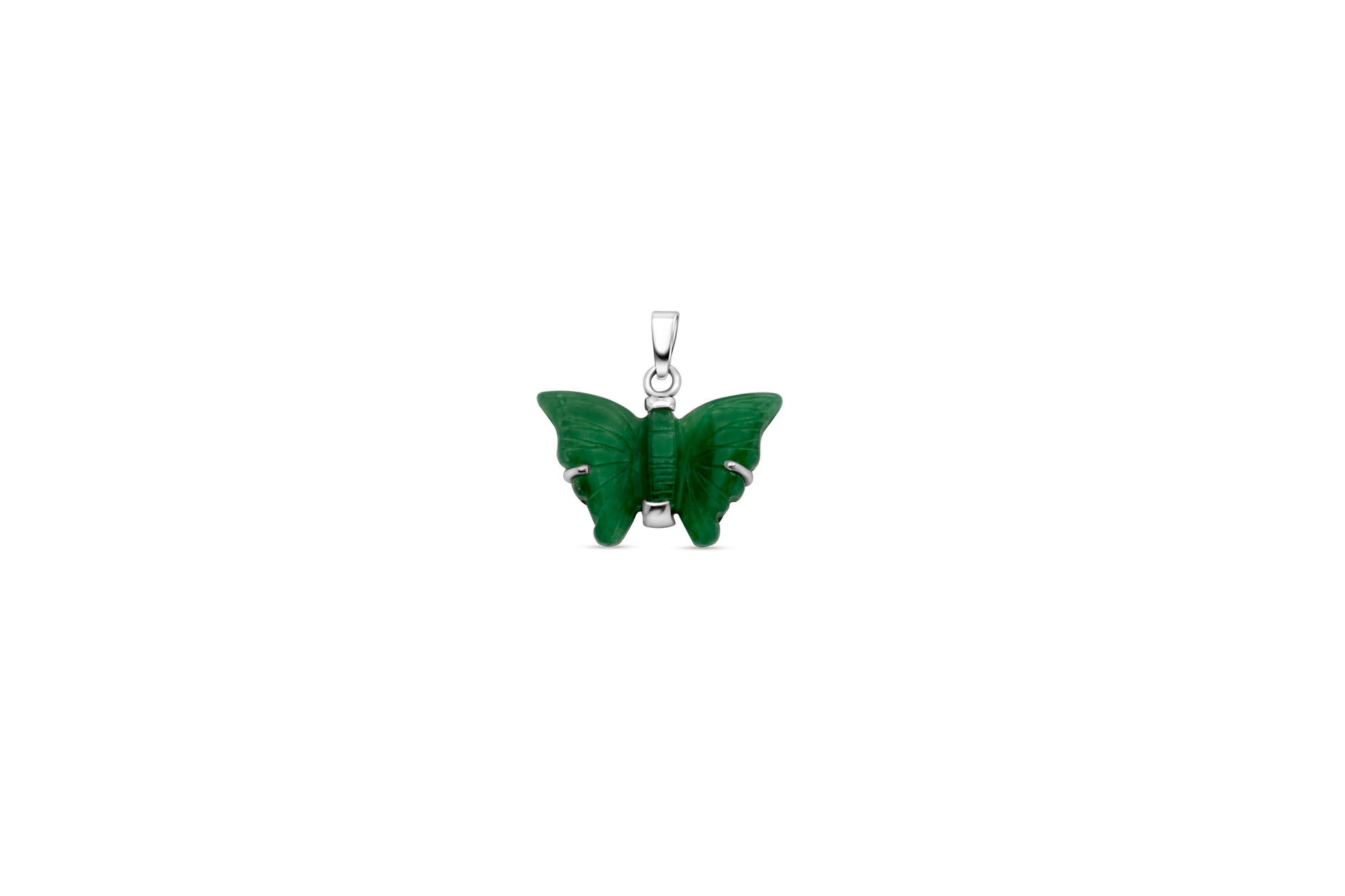 sterling silver necklace with a vibrant green quartz butterfly pendant, showcasing detailed wings and a polished finish.