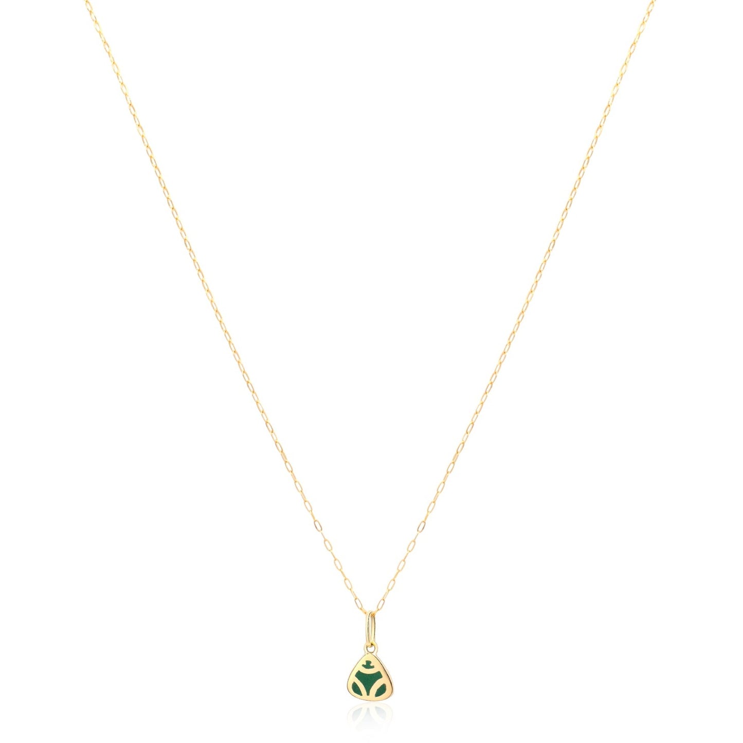 Handcrafted 18k gold necklace and pendant. Captivating green hue achieved with eco-friendly malachite powder. Depicts a muiraquita frog, a legendary Amazonian symbol.