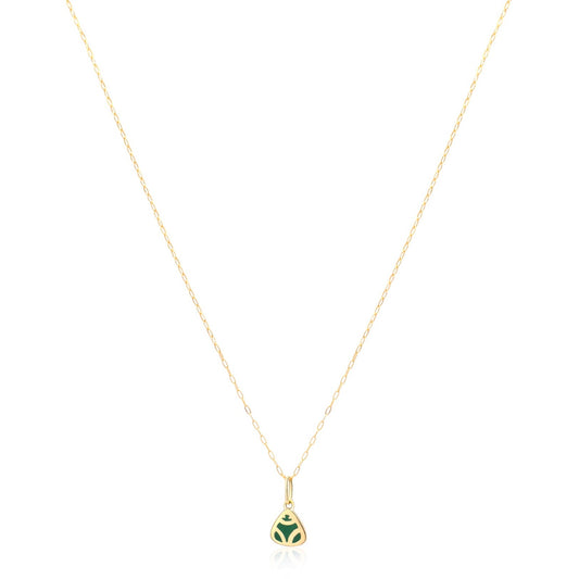 Handcrafted 18k gold necklace and pendant. Captivating green hue achieved with eco-friendly malachite powder. Depicts a muiraquita frog, a legendary Amazonian symbol.