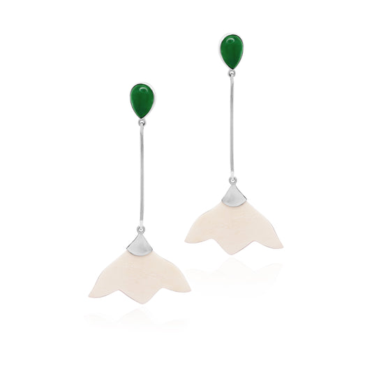 Handcrafted sterling silver earrings featuring green jade. The jade is encased in a delicate leaf design, carved from bone.