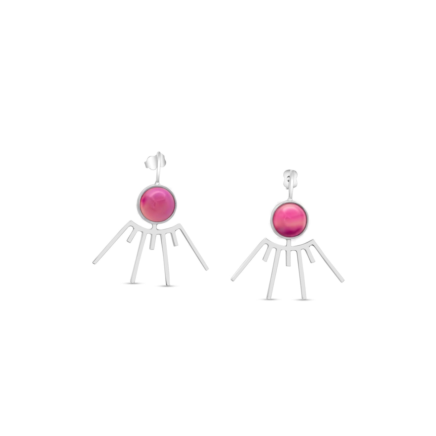 Handcrafted .925 sterling silver earrings, shaped like the Northern Sunbeam, featuring radiant pink agate centers.