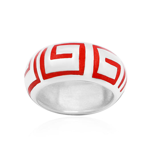 Silver band ring with bold red Marajoara geometric patterns.