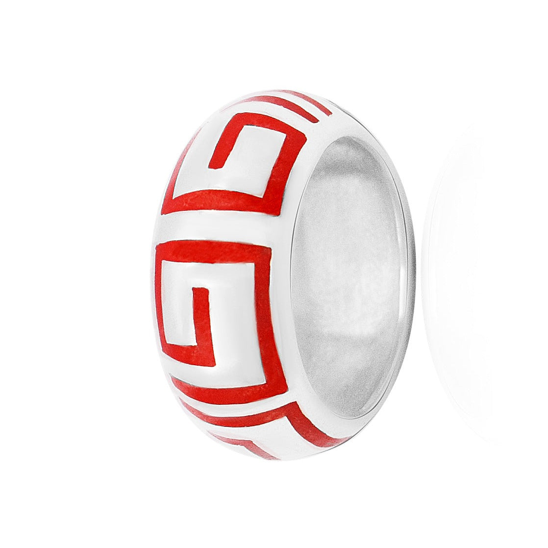 Sterling silver Marajoara ring featuring a band with intricate red geometric designs. Inspired by ancient Amazonian art, a symbol of cultural legacy and protection.