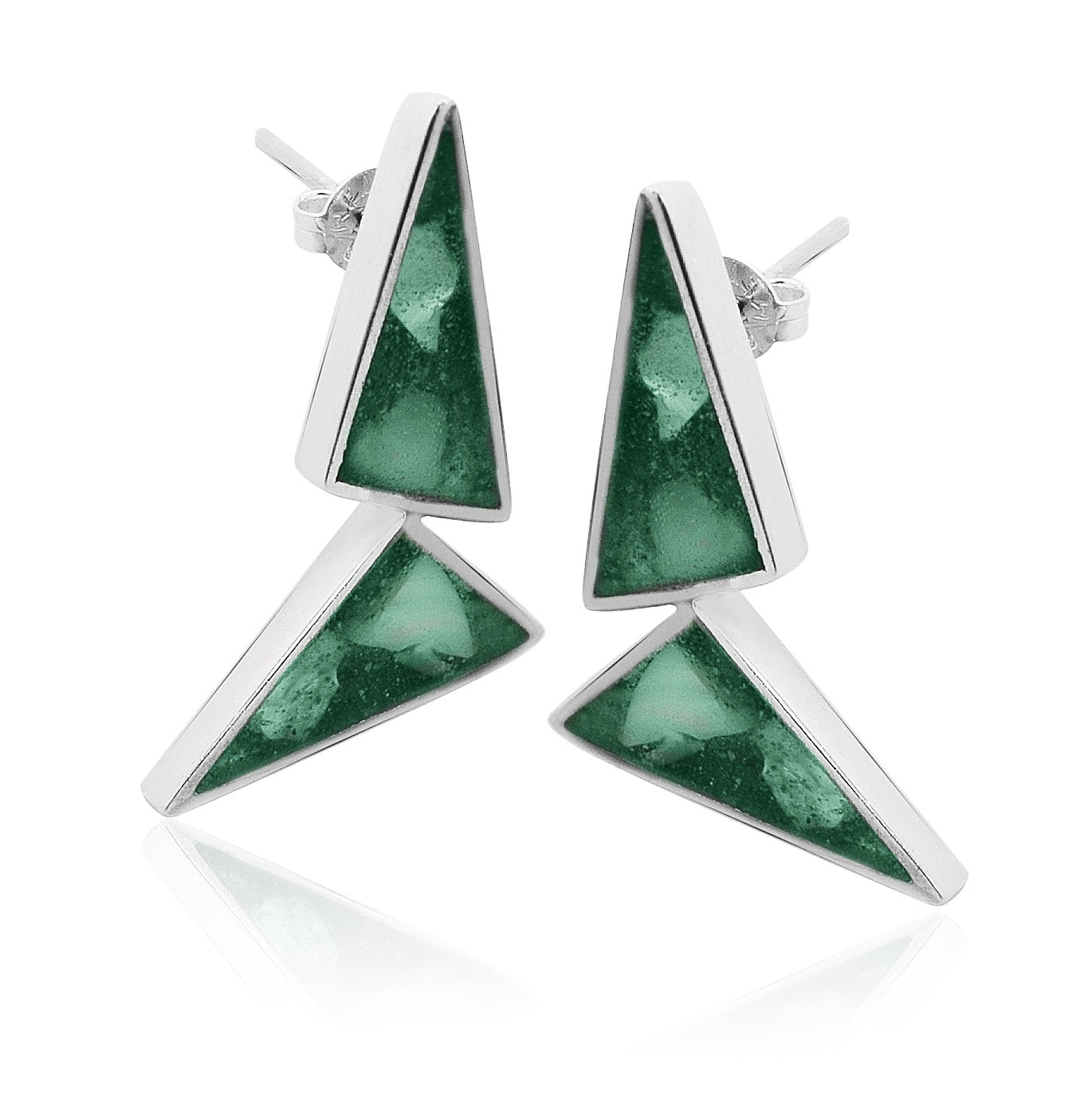 Sterling silver earrings with geometric triangles. Inlaid green mother of pearl creates a vibrant contrast