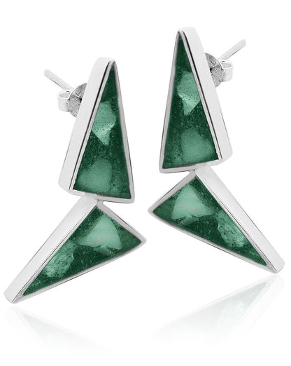 Sterling silver earrings with contrasting triangle shapes. Inlaid green mother of pearl adds vibrant touch