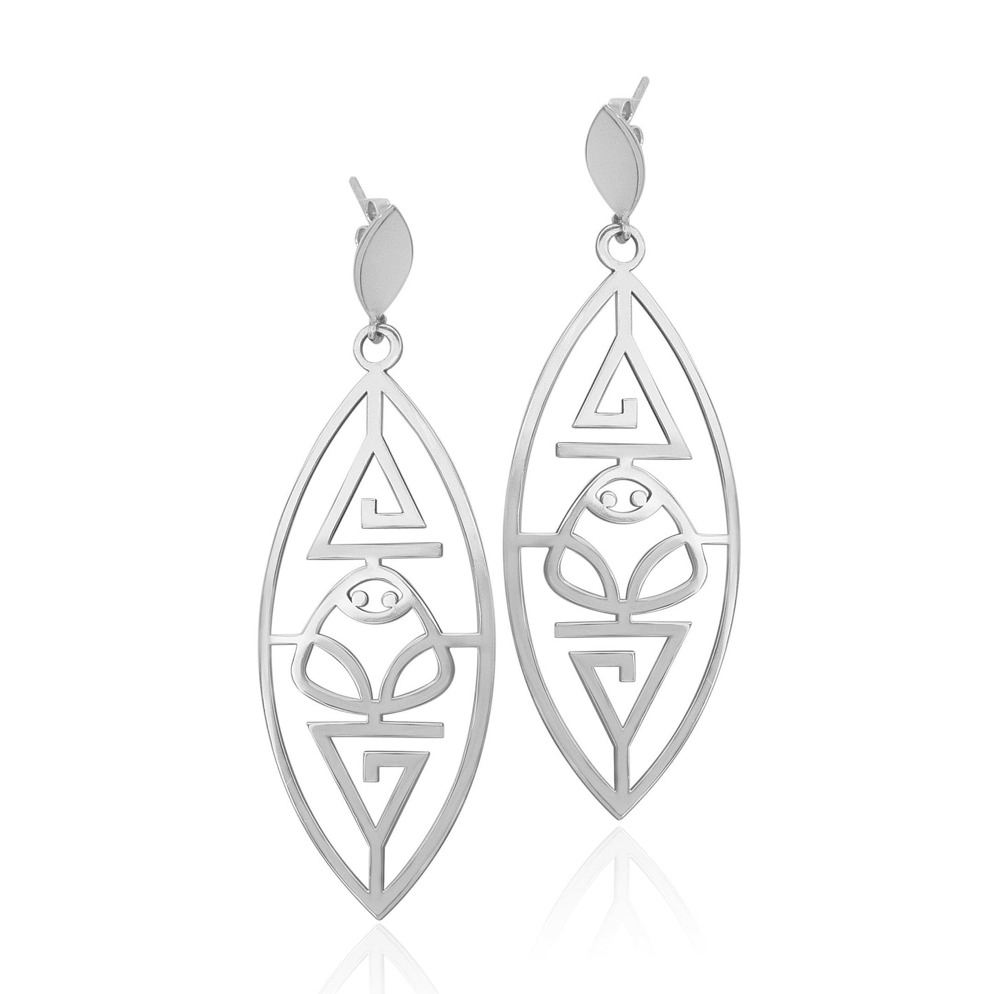 silver Marajoara earrings, showcasing traditional muiraquitã patterns with elegant cut-out designs.