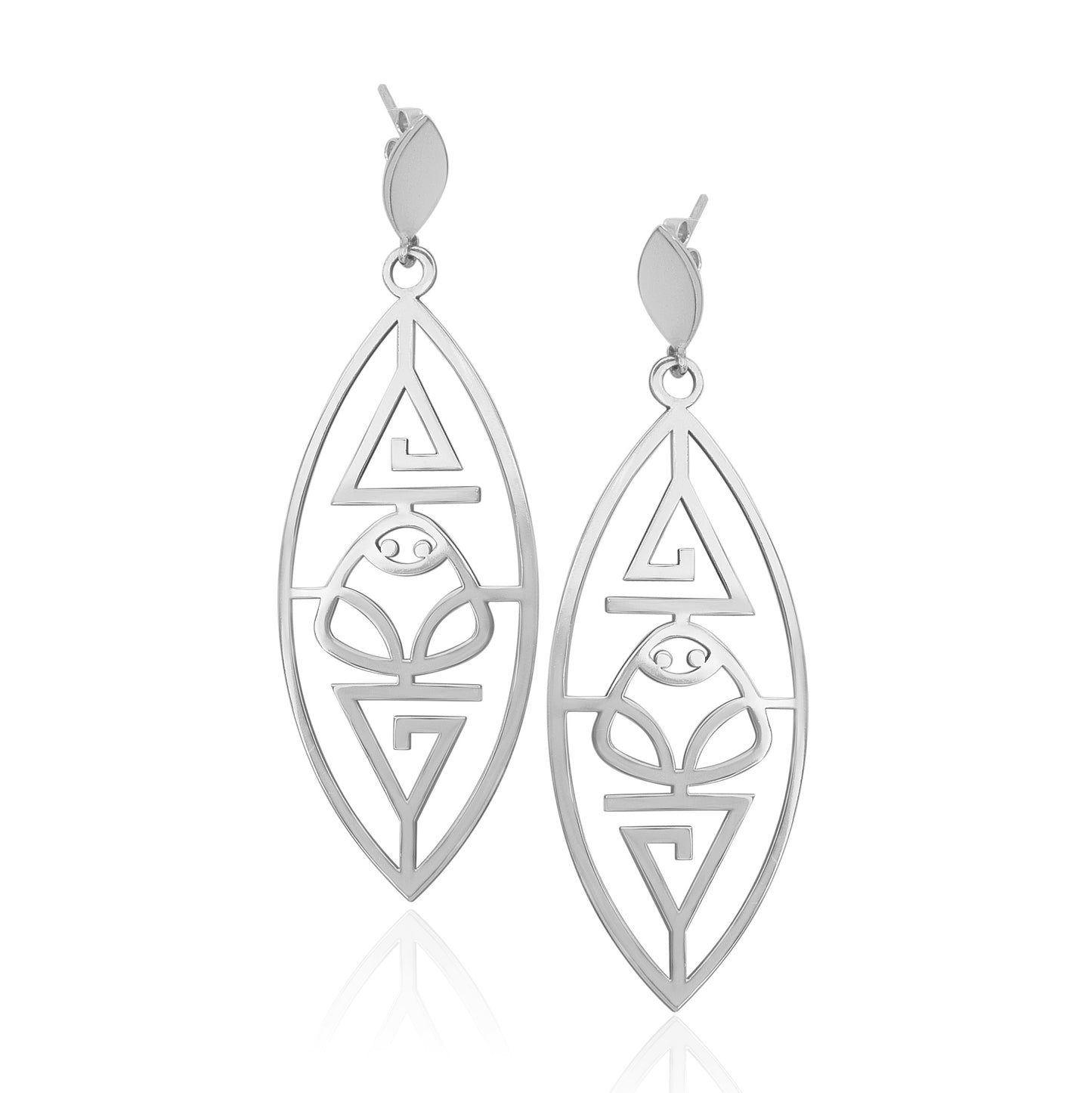 Marajoara-inspired .950 silver earrings, featuring intricate geometric and natural shapes in a sleek muiraquitã style.